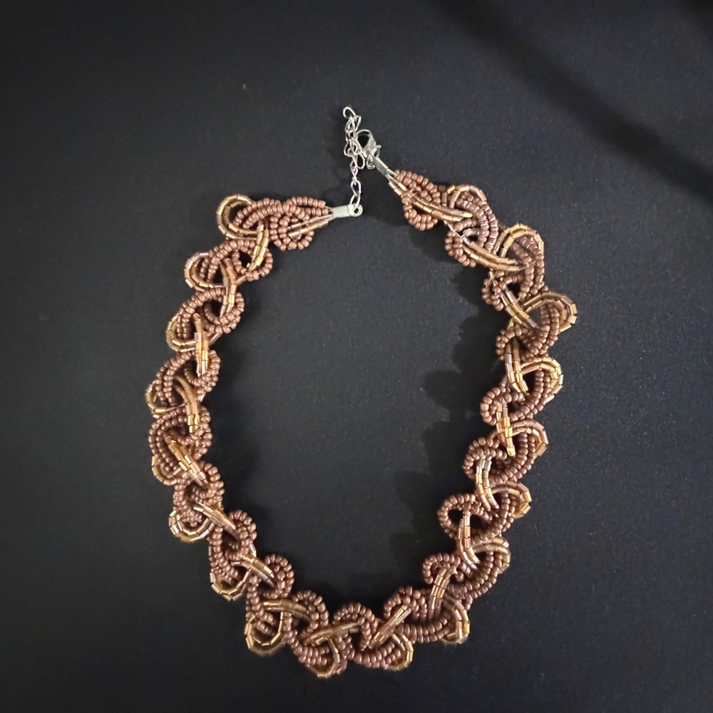 Handmade Beaded Necklace and Teardrop Earrings Set Brown Gold Tone - Picture 2 of 14